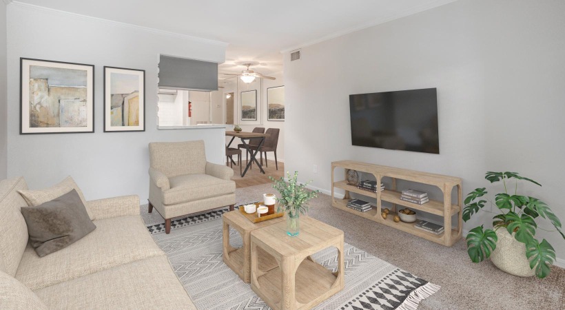 a living room with a tv and couches
