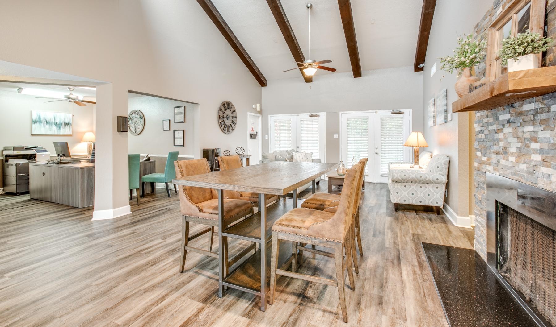 a dining room with a wood floor