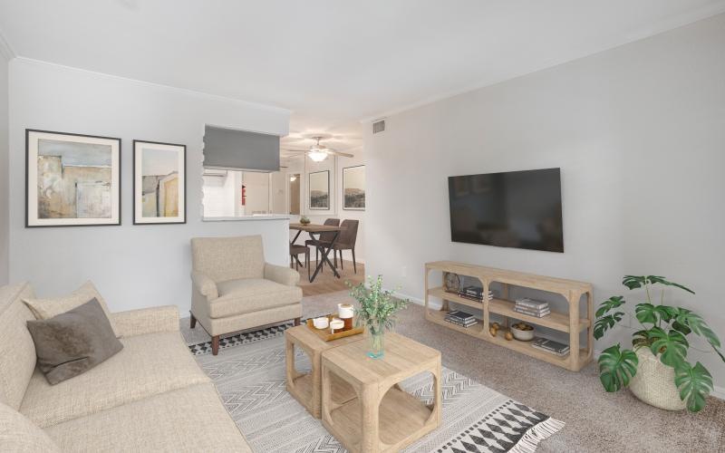 a living room with a tv and couches